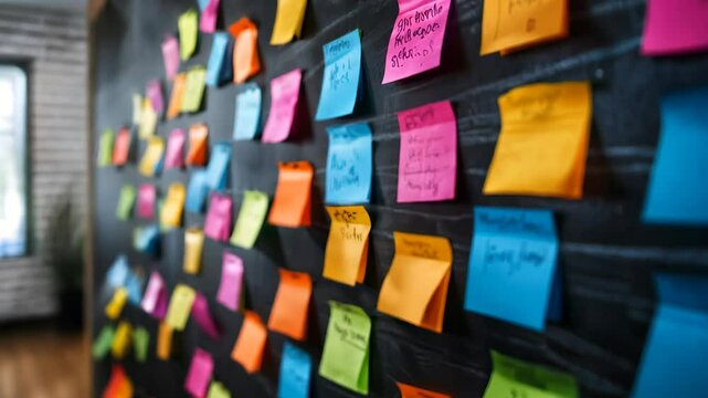 Sticky Paper On the Wall in the Office, Discussing Working Plan. Colorful stickers with ideas and work plans. 