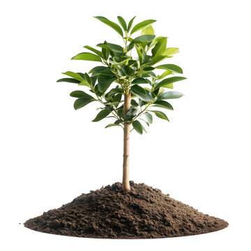 Fototapeta Small green tree with glossy leaves growing from rich brown soil on a transparent background for gardening or environmental themes