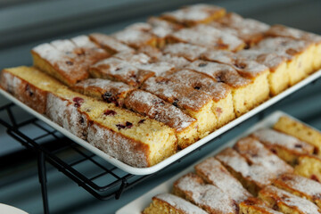 A tray of baked goods with powdered sugar on top. The baked goods are cut into small squares