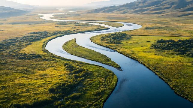 Aerial view of a meandering river flowing through a vast green landscape.