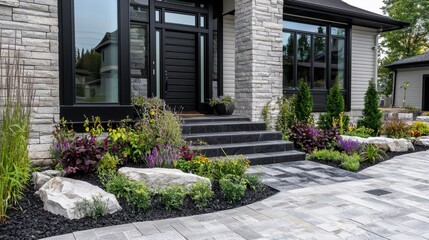 Obraz premium Modern front entry with a dramatic black finish, carefully placed greenery, and a cobblestone path leading to an elegant door.