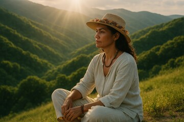 Serene Woman in her 40s Overlooking Verdant Hills, Tranquil Moment, For Lifestyle Advert