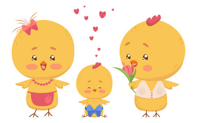 Fun family of cute yellow birds. Vector isolated characters. Mom in necklace, dad with flower and baby, favorite chicken. Festive design Family Day, baby, birthday party 