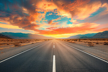 Naklejka premium Endless Journey: Straight Asphalt Road Stretching Toward Distant Mountains