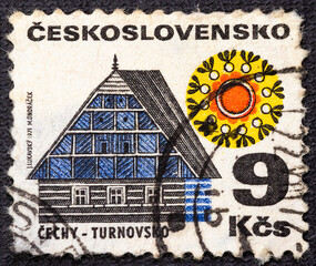 CZECHOSLOVAKIA - CIRCA 1971: A stamp printed in Czechoslovakia from the Regional Buildings issue shows cottage, Turnovsko, circa 1971.