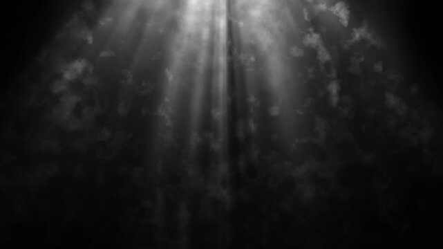 Loop top white volume light rays transition with smoke and cloud for screen project overlay . 4K beautiful white spotlight effects moving on top center for project screen overlay effect. flash lights.