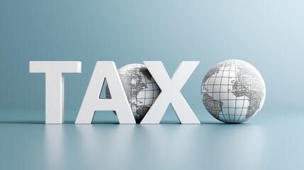 A 3D representation of the word "TAX" beside a globe, illustrating the global nature of taxation and finance.