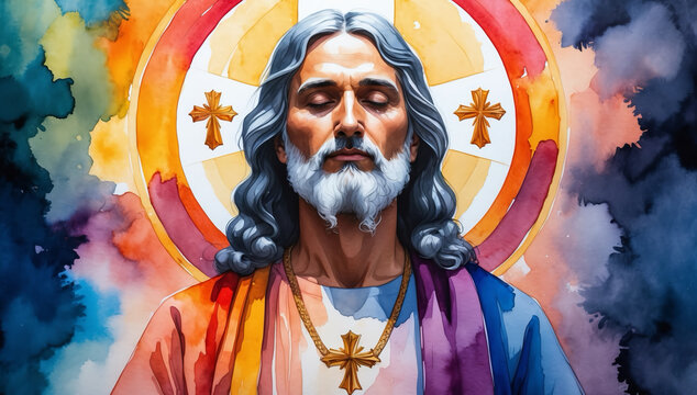 Holly middle-aged  man wearing a rope with vibrant colors, a cross pendant. A circular halo behinds with two small cross within it. A blend of dark and light colors, creating a spiritual atmosphere