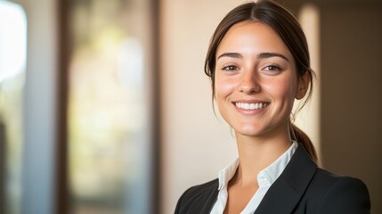 Fototapeta premium Confident young businesswoman in a professional suit, smiling warmly, exuding professionalism and self-assurance. 