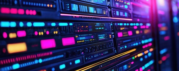 Naklejka premium Cloud server intelligent system managing globalization concept. Colorful server racks in a modern data center environment.