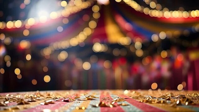 Urban circus venue featuring an outdoor fairground with colorful tents, festive attractions, and lively entertainment surrounding the main performance hall.
