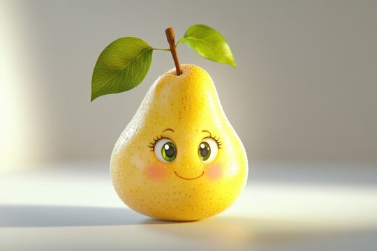 A cute, cartoonish pear with big eyes and a smiling face, showcasing vibrant colors and a playful expression.