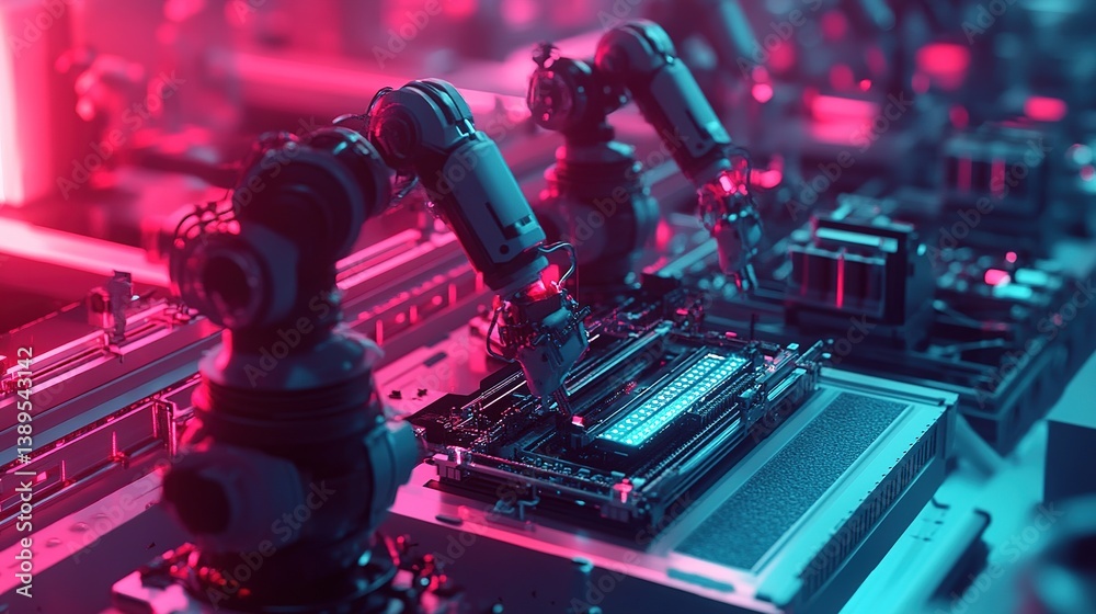 Poster engineers supervising an intelligent automated assembly line with ai.