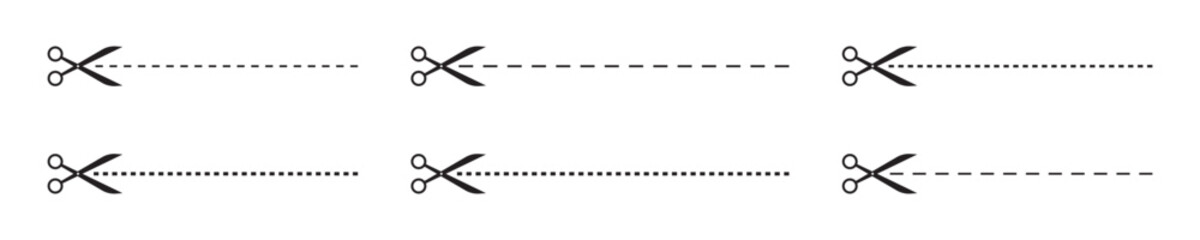 Scissor Icons with Dashed Cutting Lines Vector Set