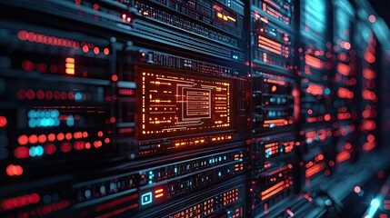 Naklejka premium Clouds server intelligent systems managing innovation on earth concept. High-tech server room with glowing data storage units.
