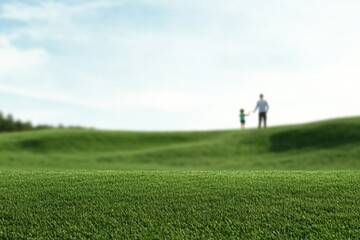Father and child enjoy quality time on lush green hill under bri