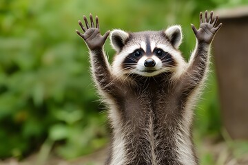 Fototapeta premium Raccoon standing on hind legs with paws up outdoors in a natural setting.