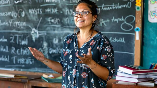 International Literacy Day celebrated by a teacher in a classroom rich in languages, at the blackboard. International Literacy Day, 8 September