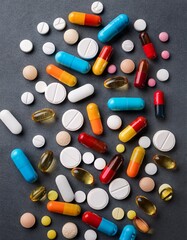 Many various pharmaceutical pills and capsules on dark gray background . Generated image