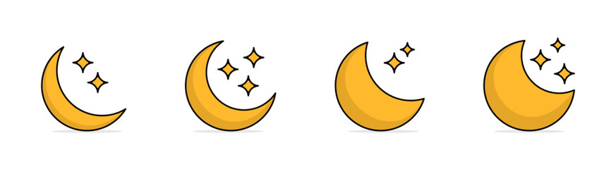 Crescent Moon with Sparkling Stars Vector Icons Set