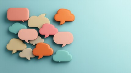 An arrangement of vibrant pastel colored speech bubbles in various sizes and shapes creating a modern minimalist and conceptual visual display