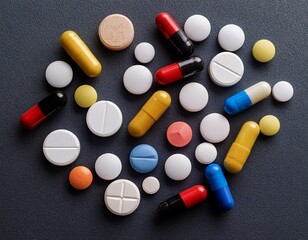 Many various pharmaceutical pills and capsules on dark gray background . Generated image
