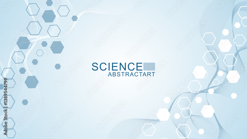 Poster modern scientific background with hexagons, lines and dots. wave flow abstract background. molecular