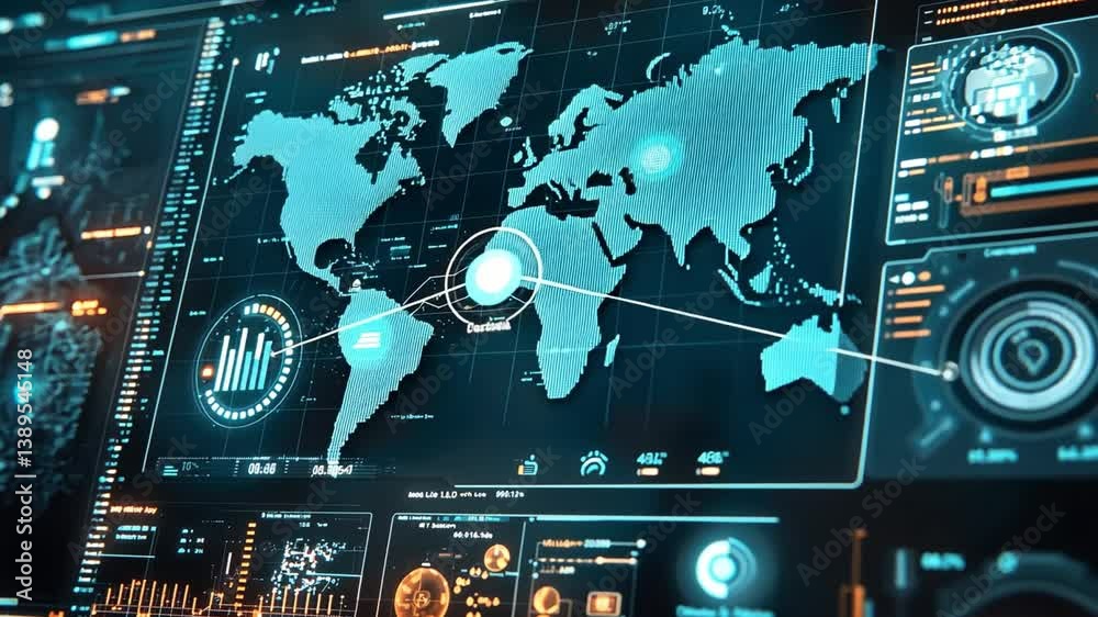 Poster futuristic digital interface with world map and data visualizations showing global connectivity and 