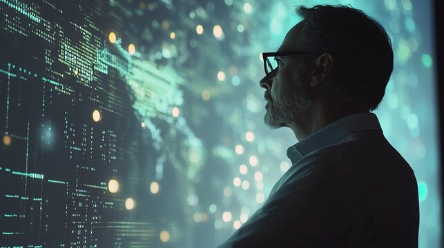 CEO Observing Digital Dashboard with Advanced Data Visualization