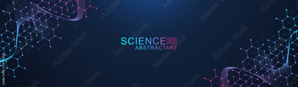 Poster science network pattern, connecting lines and dots. technology hexagons structure or molecular conne