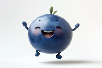 A cheerful 3D-rendered blueberry character joyfully leaps in the air, showcasing vibrant energy and playful charm.