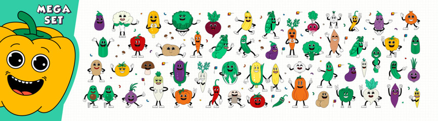 Big set of retro cartoon stickers with funny comic vegetable characters, gloved hands. Playful, colorful, and hand-drawn comic book characters in contemporary illustration style.