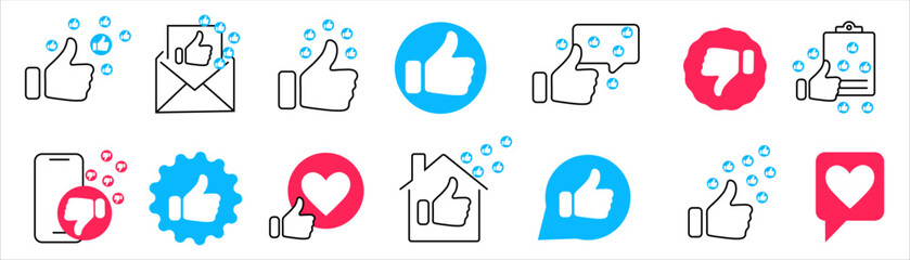 Thumb up and like outline icons set. 
