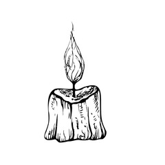 Vector candle with wick and wax. Hand painted linear candlelight illustration style for Christmas or birthday design. Graphic monochrome sketch isolated on background. For designers, prints, logo