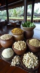 Fototapeta premium Exotic Asian Snacks Variety in Clay Bowls Tropical Setting