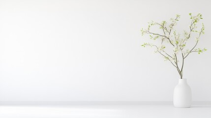 A delicate white vase with blossoming branches on a minimalist white surface, clean and serene composition, and modern interior design concept.