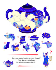 Can you repair broken ancient teapot? Find the correct places for all the ceramic shards. Logic puzzle game for smartest. Page brain teaser book. Developing spatial thinking. Flat vector image.
