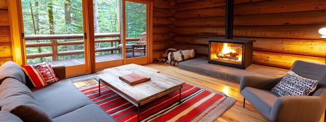 Cozy Log Cabin Interior with Fireplace and Forest View Serenity