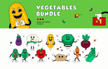 Set of retro cartoon stickers with funny comic vegetable characters, gloved hands. Playful, colorful, and hand-drawn comic book characters in contemporary illustration style.