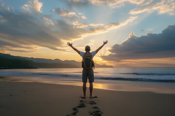 Person with backpack stands on beach arms raised facing ocean at sunset.