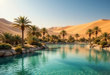 Serene Desert Oasis with Palm Trees and Turquoise Water in Golden Sands