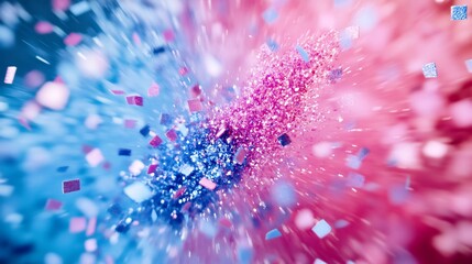 Modern gender reveal card abstract confetti explosion in pastel hues clean central area for baby name and date