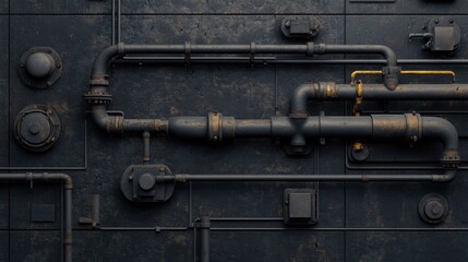 Low-angle shot of a factory wall with mechanical units silhouetted on dark grey