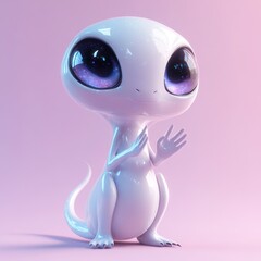 A friendly cute alien creature with large star filled eyes waving