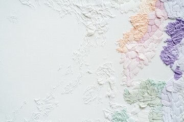 Fototapeta premium Abstract pastel embroidery art on white canvas, featuring textured floral patterns and a soft color palette.