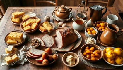 Fototapeta premium A rustic tabletop set with various traditional breakfast dishes, including bread, cured meat, butter, and eggs, showcasing a cozy and natural morning atmosphere.