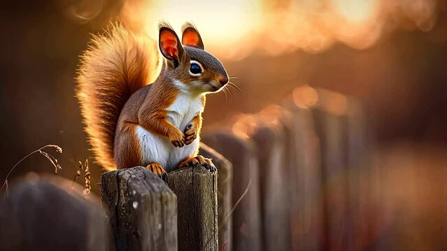 Red squirrel perched on a rustic fence post at sunset