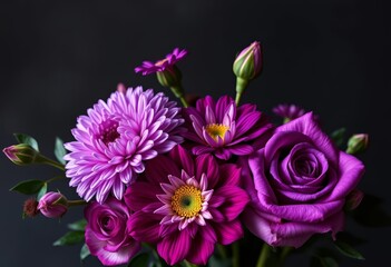 Luxurious purple chrysanthemum and rose bouquet, vintage style, dark background, stock photo, closeup