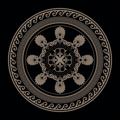 Patterns of Greece, ancient Rome. Vector round Gold classic frame plate with pattern in center. Greek meander. Circle european border. Round antique border. Classic egyptian, assyrian, greek motives