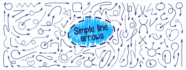 Set of Simple Line Arrows. Minimalist Dashed and Solid. Hand-Drawn Black Arrows in Simple Line Styles - Various Directions and Designs